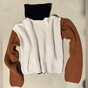 Colorblock Turtleneck Sweater - Cream and Brown